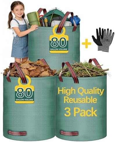 3 Pack 80 Gallon lawn leaf bags leaf bags yard waste bags,Gardening gloves included,Cleaning fallen leaves, weeds, outdoor and camping supplies; or use for moving