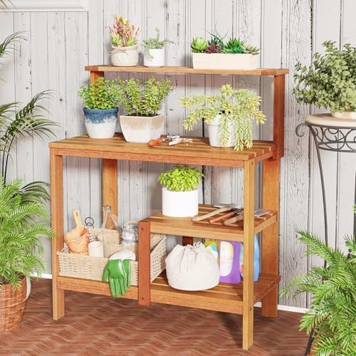 Happygrill Potting Bench Table, Outdoor Wood Work Bench with Storage