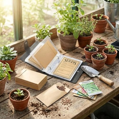 Seed Storage Organizer Binder, Efficient Seed Packet Organizer with 50 Pack Seed Envelopes, PU Garden Seed Holder Book, Seed Binder for Garden Planner, Flower Seed Keeper (Black)