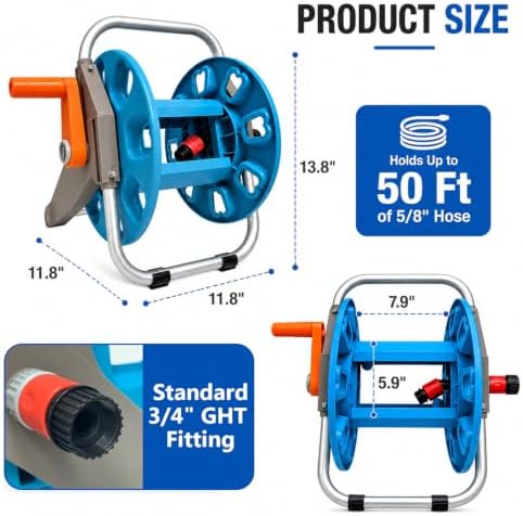 Portable Garden Hose Reel Cart – Holds Up to 50 Ft of 5/8" Hose – Outdoor Water Hose Storage Holder & Pipe Organizer for Yard, Lawn Watering, Car Washing