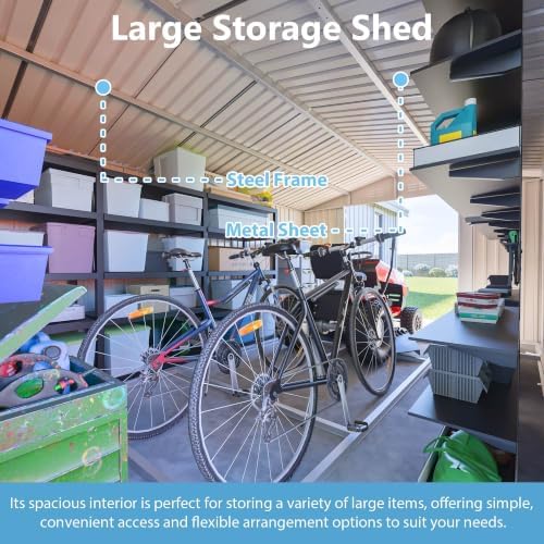 14x10 FT Outdoor Metal Storage Shed, Large Garden Shed Tool Shed with 3 Lockable Doors，Floor Frame & Side Door, Waterproof with 4 Air Vents for Backyard, Patio,Gray