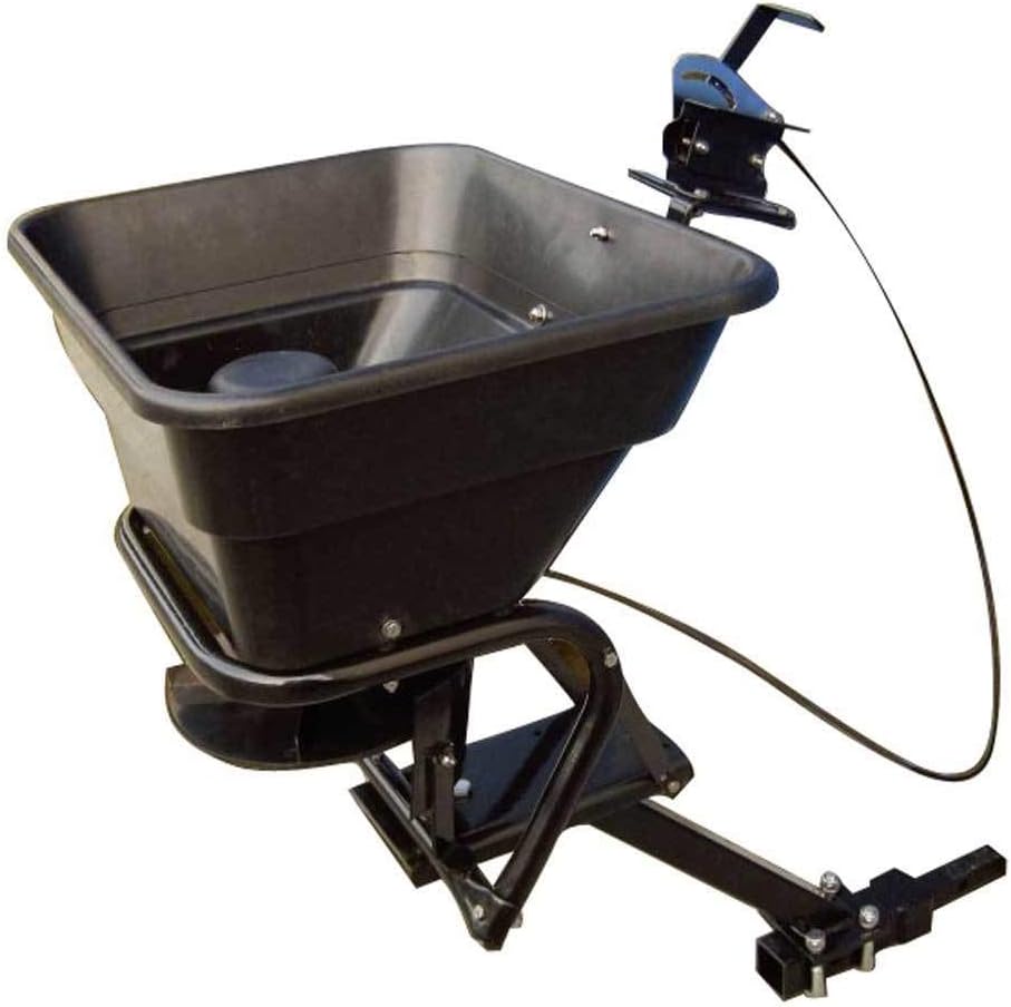 Field Tuff 12V 80 Pound Capacity Grass Seed Fertilizer Spreader with Hitch Mount Receiver and Rain Protector for ATV, UTV, or Utility Tractor