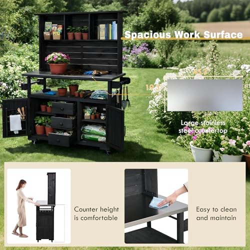 47.2" L x 65" H Outdoor Potting Bench with Cabinet & Hutch, Solid Wood Outdoor Kitchen Island with Stainless Steel Top, Rolling Workstation with Lockable Wheels, Drawers & Shelves for Patio BBQ
