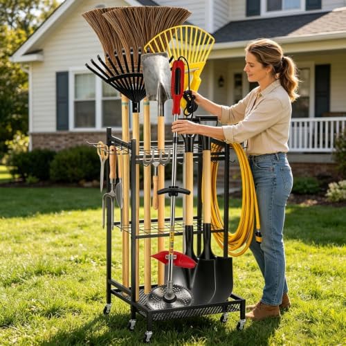 Garden Tool Organizer Rack with Wheels Up to 35 Tools | Heavy Duty Steel Yard Tool Organizer for Garage Storage with 11 Hooks, Broom Holder & Garden Tool Rack for Shed, Patio, Lawn, Outdoor, Black