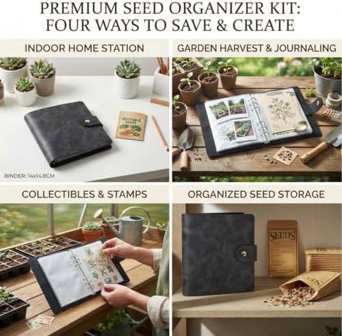 Seed Storage Organizer Binder, Efficient Seed Packet Organizer with 50 Pack Seed Envelopes, PU Garden Seed Holder Book, Seed Binder for Garden Planner, Flower Seed Keeper (Black)