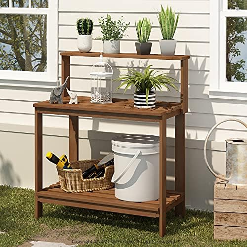 Furinno Tioman Outdoor Potting Bench with Storage Shelf, Natural