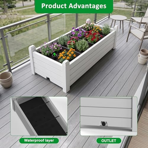 Raised Garden Bed, Self-Watering Resin Planter Box, Planter Boxes Outdoor with Drain Plug for Vegetables, Flowers, Plants(Ashen)
