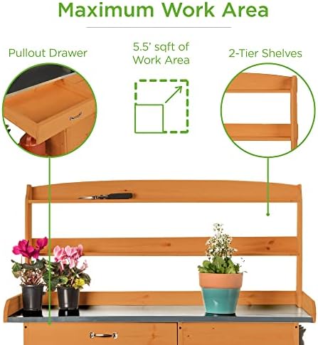 Best Choice Products Outdoor Garden Wooden Potting Bench Work Station w/Metal Table Top, Pre-Stained Finish, Cabinet, Sliding Drawer, Large Bottom Shelf - Brown