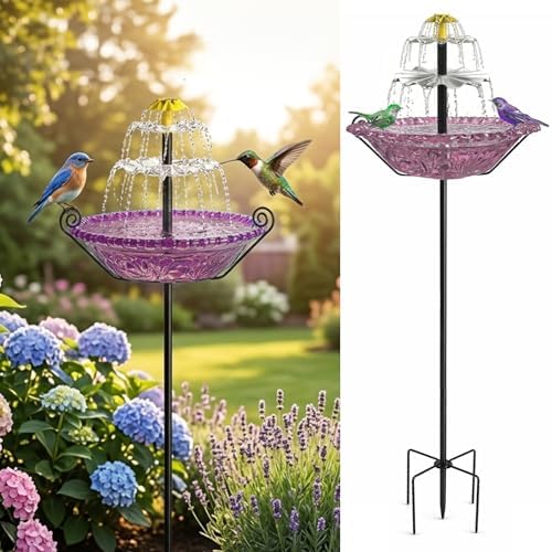 Solar Fountain for Bird Bath Outside with Stakes, Cascade Water Feature for Flower Garden & Yard Decor, Patio & Lawn Accent (Purple)