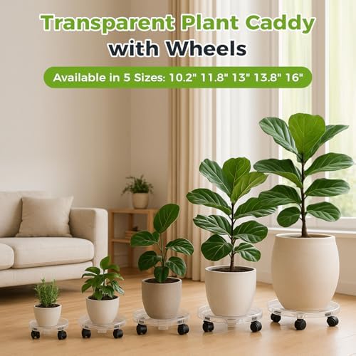 4 Packs 10.2 inches Small Clear Plant Caddy Plant Saucers on Wheels Rolling Plant Stands Heavy-duty Plant Dolly Plastic Planter Roller Base Pot Movers Outdoor Plant Tray Coaster