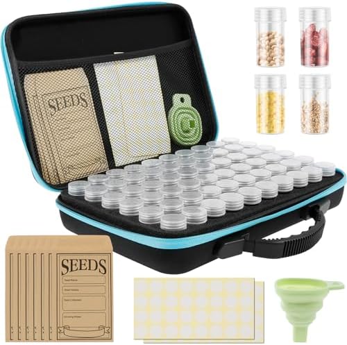 60 Slots Seed Storage Organizer Box with 7 Envelopes, 63 x Label Stickers Garden Seed Organizer with Zipper Bag Storage Container for Vegetable Flower Plants Garden (Blue)