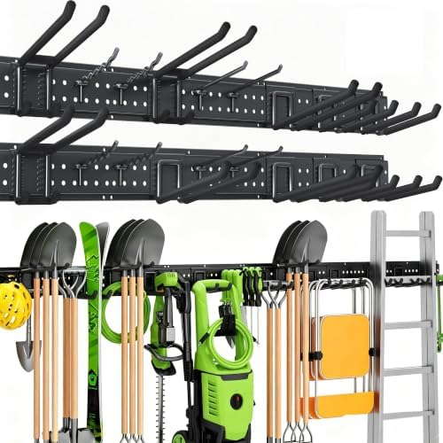 Garage Tool Organizer Wall Mount, 99 Inch Heavy Duty Garage Organization System with 18 Adjustable Hooks, Garden Tool Storage Rack for Garage, Yard & Shed, Holds Up to 750 lbs