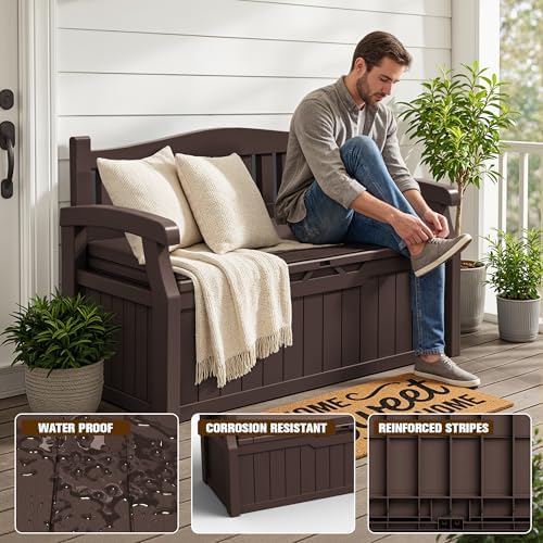 JUMMICO 80 Gallon Resin Outdoor Storage Bench with Cushion, Waterproof