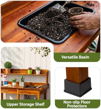 FDW Outdoor Potting Bench Table with Sink & Drawer for Outside Garden, Wood Planting Table with 132 lb Weight Capacity, Basin, Storage Drawer, Shelves and Hooks, Natural