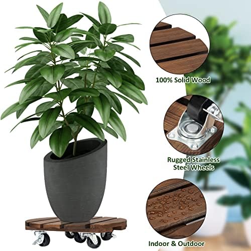 2pack Plant Caddy 12’’Wood Duty Rolling Plant Stand with 2 360° Lockable Caster Wheels,Indoor Outdoor on Roller Patio/Flower Pot/Succulent Pots