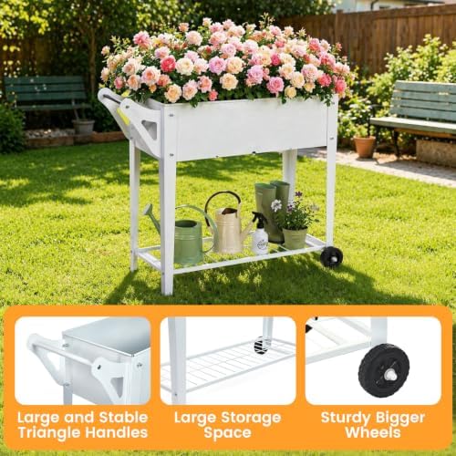 32" Tall Raised Garden Bed with Legs and Wheels for Gardening, Outdoor Planter Box for Vegetables Flower Herbs, Metal Garden Planter for Patio, Balcony