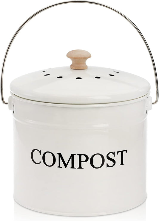 AVLA Compost Bin Kitchen Countertop, 1 Gallon Composter Pail, Food Waste Composting Bucket, Odorless Trash Keeper Container, White Scraps Caddy with Charcoal Filter, Carrying Handle, Lid