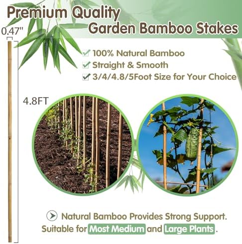 Bamboo Stakes,4.8FT Natural Bamboo Garden Stakes,BOVITRO 20Pcs Plant Stakes