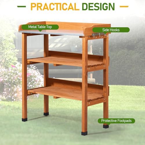 Outdoor Garden Potting Bench Table Work Bench with 2-Tier Storage Shelf, Metal Tabletop, 3 Hooks for Horticulture, Natural Wood