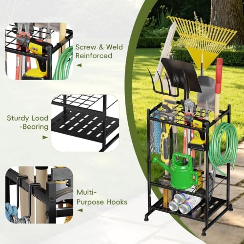 Garden Tool Organizer with Leveling Feet, Yard Tool Tower Rack for Garage Organization, Up to 25 Long-Handled Tools/Rakes/Brooms for Shed, Outdoor, Black