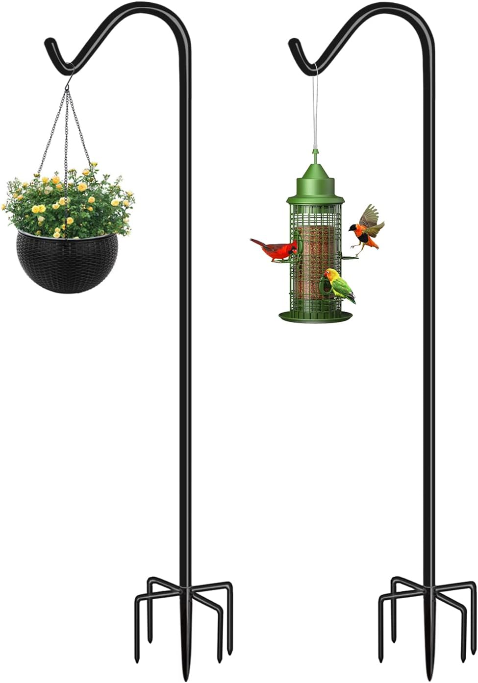 Shepherds Hook for Outdoor Bird Feeders Pole 76 Inch Tall, Adjustable Heavy Duty Garden Hanger Stake Pole with 5 Prong Base, Shiny Black (2 Packs)