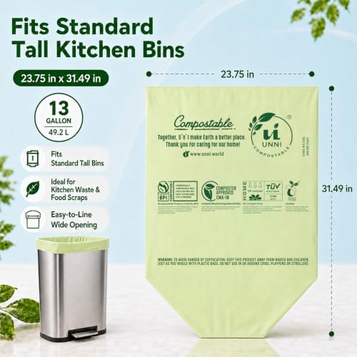 UNNI Compostable Bags, 13 Gallon, 100 Count, 49.2 L, Extra Thick 0.9 Mil