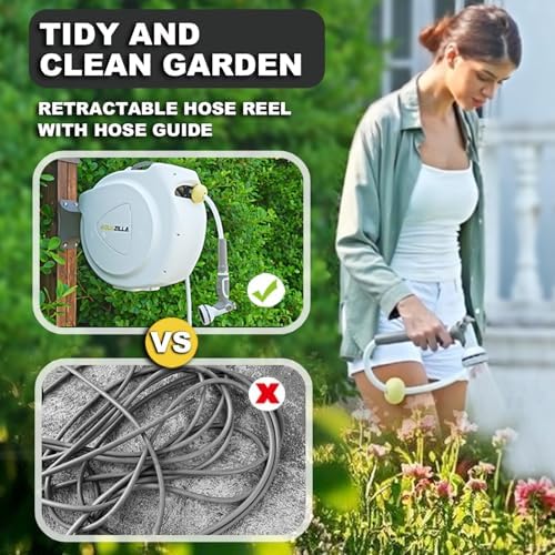 Retractable Garden Hose Reel, 1/2 in 100+6 ft, Heavy Duty Wall Mounted Water Hose Reel, Spring Power Automatic Rewind, Any Length Lock, 180° Swivel Bracket, 10 Pattern Spray Nozzle