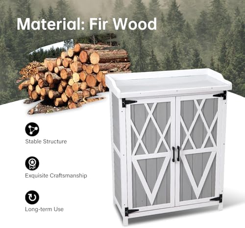 Outdoor Potting Bench with Metal Work Top,Waterproof Garden Storage Cabinet, Wooden Garden Work Bench with Adjustablev Shelves & Double Doors for Backyard, Patio, Lawn Gardening,White Grey