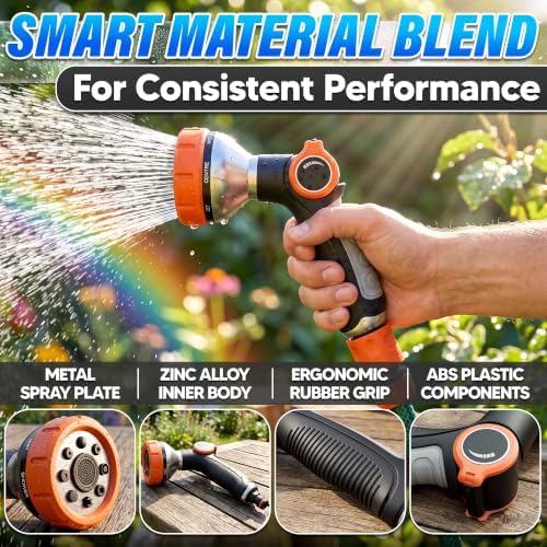 Metal Hose Sprayer Nozzle, 8 Spray Patterns, Flow Control, Black & Orange