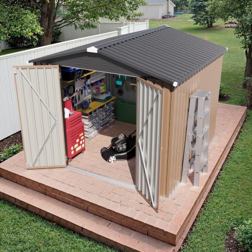 JUMMICO 8x8 FT Outdoor Storage Shed, Tool Metal Sheds, Brown