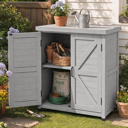 Outdoor Potting Bench with Storage Cabinet and Metal Top, Wood Workstation for Outdoor Patio, Garden (Classic Grey, 31x17x36‘’)