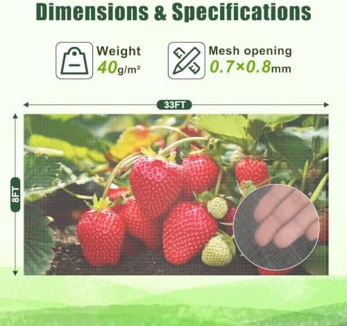 Garden Netting 8x33FT Ultra-Fine Mesh PE Cover for Vegetables Fruits Garden Row Cover Raised Bed Durable Protection from Birds Animals