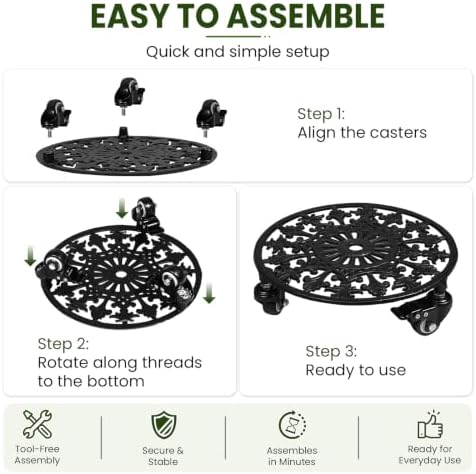 1 Pack 11" Heavy Duty Round Metal Plant Caddy with Wheels, Black