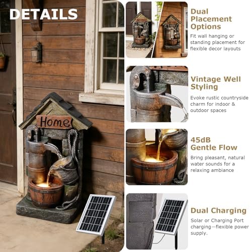 28.7" H Solar Outdoor Water Fountain,3-Tier Solar Powered Rustic Barrel Pump Water Fountain Cascading Waterfall Fountains Outside for Garden, Patio, Backyard, Porch/Two Placement Options