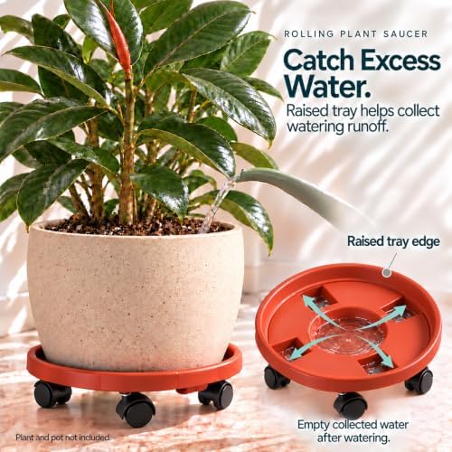 Rolling Plant Stand Outdoor 5 Pack 10 Inch Plant Caddy with Wheels, Red