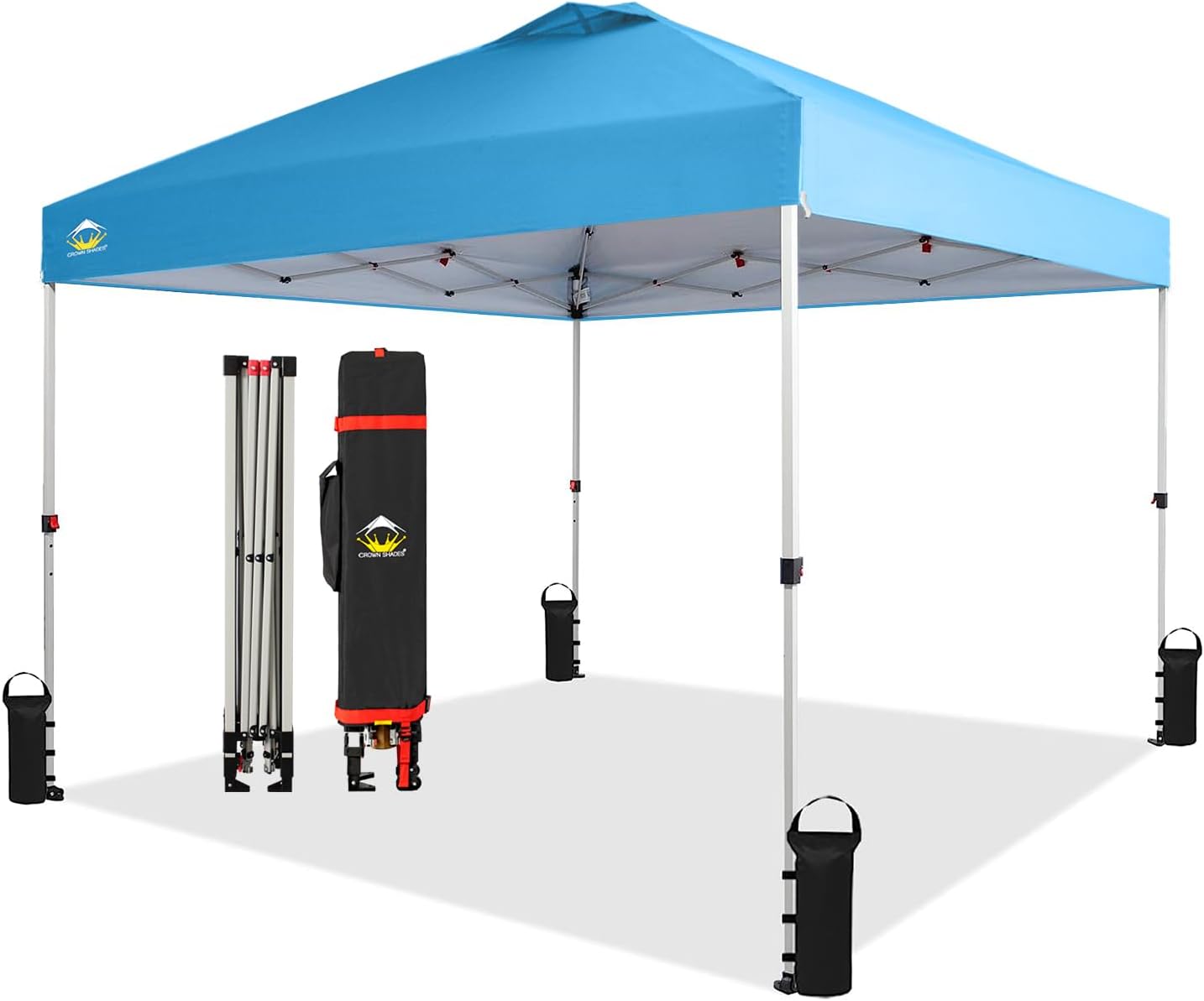 Crown Shades 10x10 Pop Up Canopy - Beach Tent with One Push Setup - Outdoor Sun Shade for Events, Parties, Camping - Gazebo with STO-N-Go Cover Bag, Silver Coated Top, 3 Height& 4 Sand Bags, Sky Blue