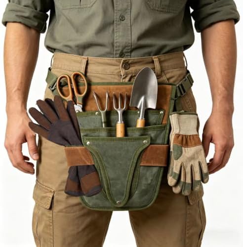 Gardening Tool Pouch for Waist, Hands-Free Canvas Tool Belt with 6 Pockets – Adjustable Waist Apron for Gardening Tools (Gardening Tools NOT Included)-Green