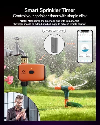 Lumary WiFi Water Timer for Garden Hose, Battery Sprinkler Timer for Watering Brass Inlet Outdoor, Rain Delay/Remote/Manual/Automatic Drip Irrigation System Programmable Faucet, Compatible with Alexa