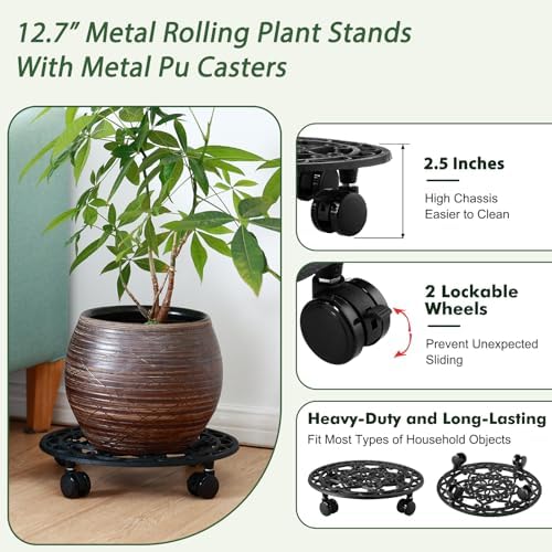 2 Packs Rolling Plant Stand with Wheels 13 In Metal Plant Caddy with Wheels