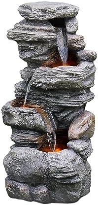 Teamson Home 39.37 in. Outdoor Faux Stacked Stone 4-Tier Water Fountain with LED Lights and Pump, Gray