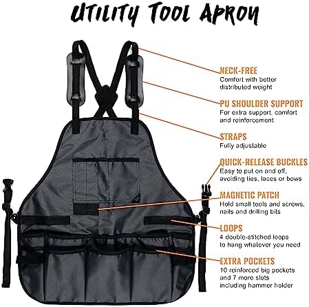 Tool Apron, Magnetic Bits Holder, Cross-Back,18 Pockets, Gray