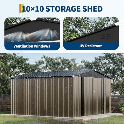 GarveeLife 10 x 10 FT Outdoor Storage Shed,Metal Garden Sheds&Outdoor Storage Clearance, Large Tool Shed Outdoor with Single Lockable Door,Ideal Storage House for Backyard Garden Patio Lawn