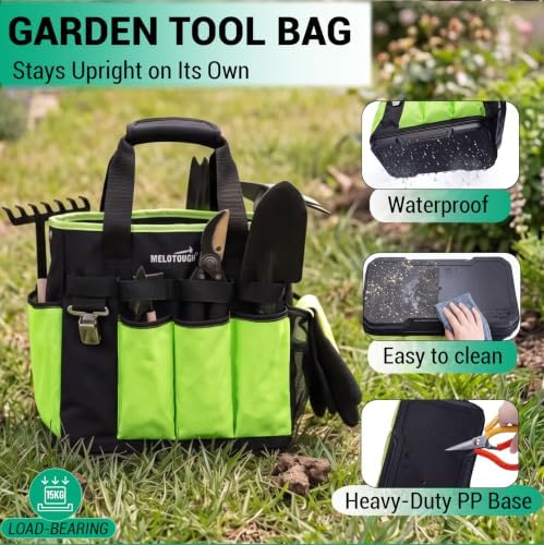 MELOTOUGH 12 Pockets Garden Tool Bag with Hard Bottom, Garden Caddy, Green