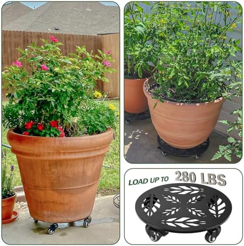 Planterhoma 2 Packs 14 Inch Rolling Plant Stand with Wheels Metal Plant Caddy with Wheels Heavy Duty Plant Rollers with Metal Wheels Round Wrought Iron Plant Stand with Clear Saucers, Glossy Black