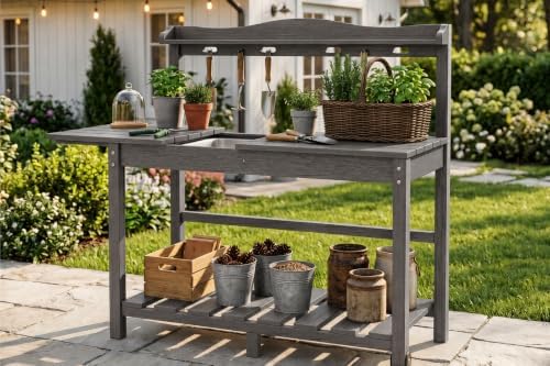 All-Weather HDPE Outdoor Potting Bench 2-Piece Set with Removable Sink, Expandable Gardening Work Station with Sliding Tabletop, Built-in Wheels, Heavy Duty Planting Table, Gray