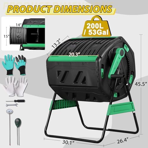 F2C 53Gal Dual Chamber Compost Tumbler, Octagonal Outdoor Compost Bin w/Thermometer, Soil Tester & Gloves, Rotating Composter for Backyard Garden Yard Waste