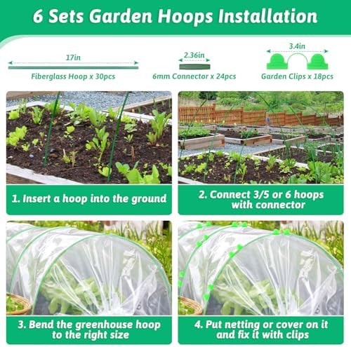 30 Pcs Garden Hoops for Raised Beds, 6mm Greenhouse Hoops Grow Tunnel Fiberglass Hoop House Kit, 6 Sets Plant Support Garden Stakes Hoops Frame for Netting Shade Cloth Row Cover Garden Supplies