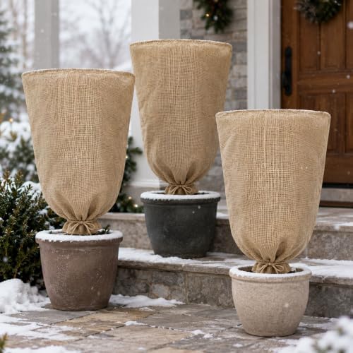 3 Pack 40'' x 24'' Reusable Warm Burlap Winter Plant Cover Bags with Drawstring Burlap Plant Covers Freeze Protection Large Plant Frost Cloth Cold Freeze Blanket Protecting Fruit Tree Potted Plants
