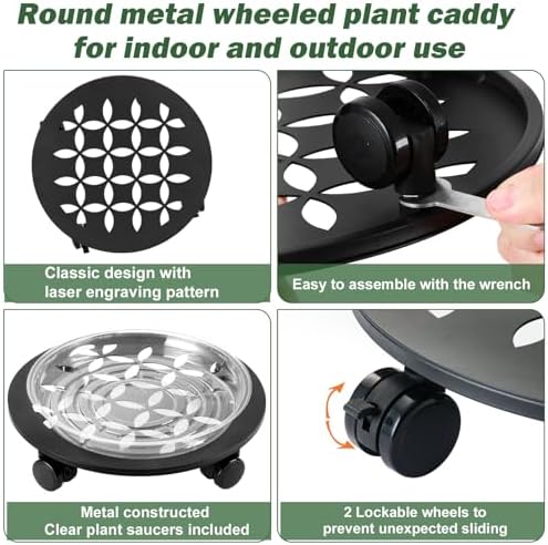 2 Packs 13" Large Metal Plant Caddy with Wheels Heavy-Duty Plant Dolly Pot Mover Rollers Rolling Wheeled Plant Stands Indoor Outdoor Garden Coaster Trolley, Black