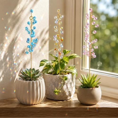 3 Pcs Beaded Crystal Plant Suncatcher Stake for Potted Plants Patio Decor